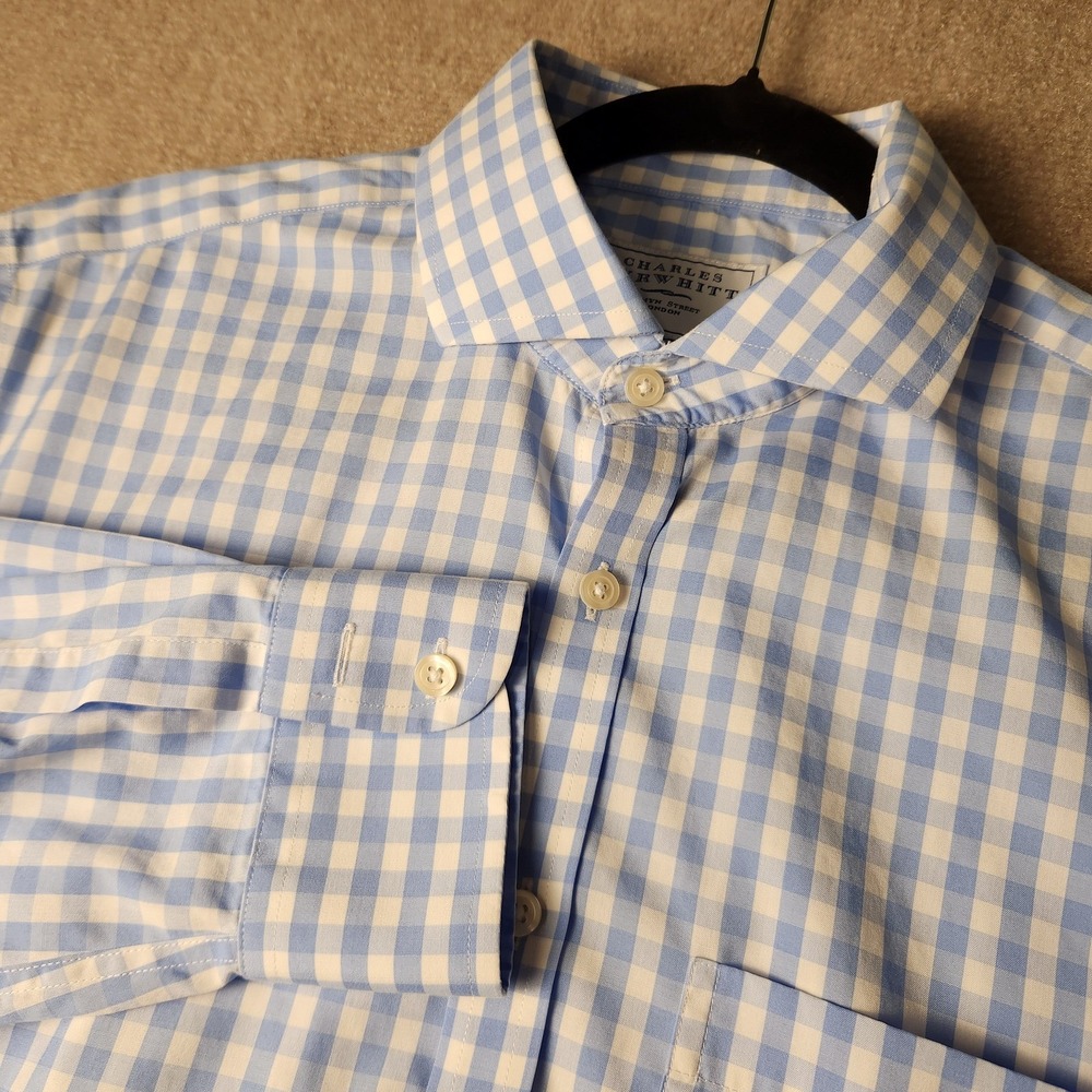 Charles Tyrwhitt Dress Shirt Mens 16/34 Blue Gingham Excellent Extra Slim Fit